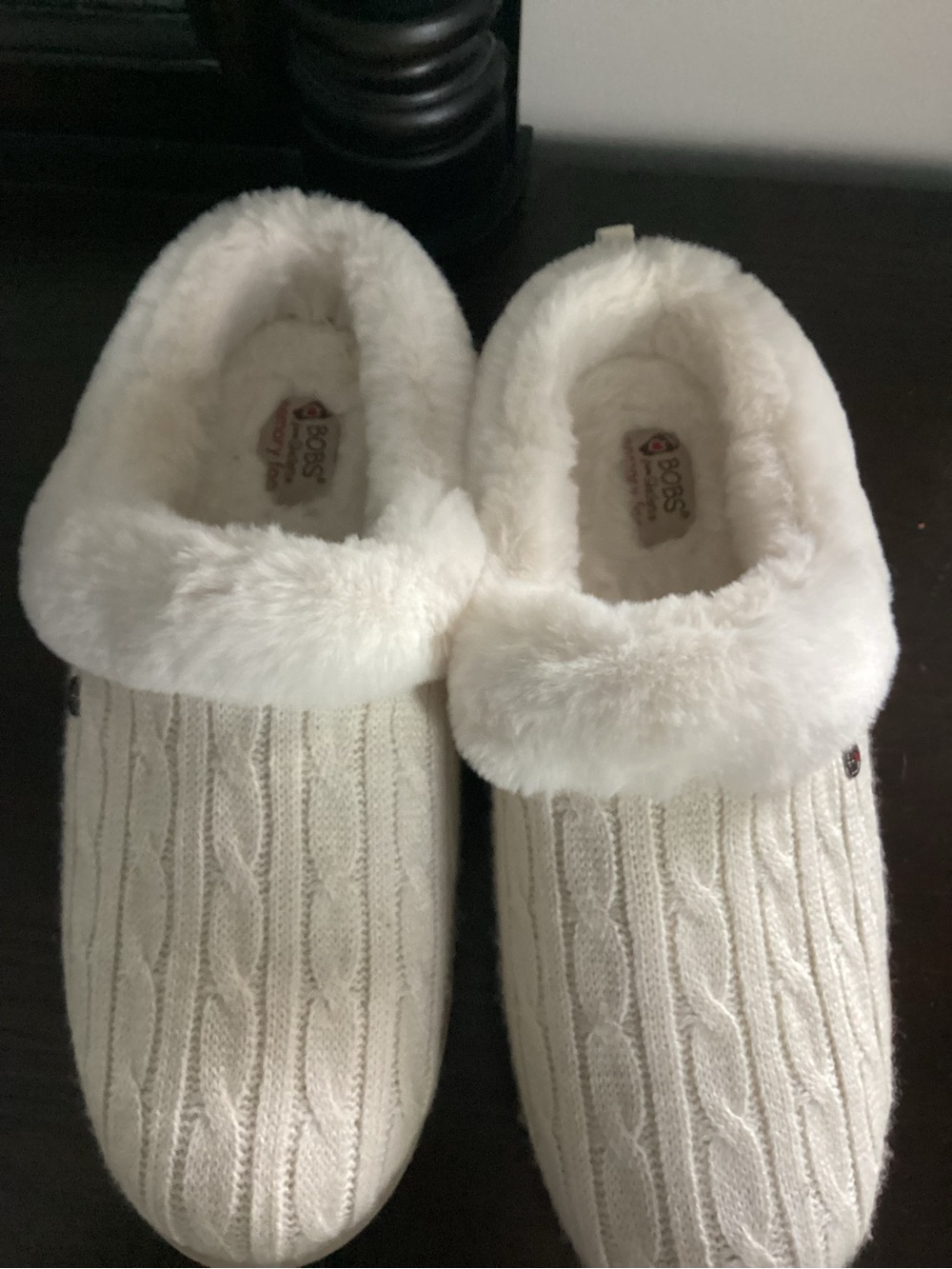 BOBS from Skechers Women's Cream Cable Knit Faux-Fur Slippers